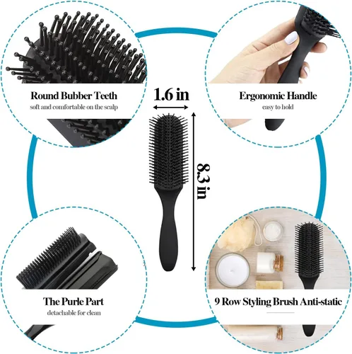 Miniatura 3 de Juego de 8 cepillos de pelo rizado, cepillos para el cabello para mujer, cepillo redondo para secar con soplado, cepillo de pala, apto para Negro