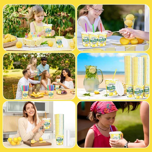 Miniatura 7 de Meanplan 300 piezas/100 juegos de vasos de limonada con tapas y pajitas, vasos desechables para fiestas, tazas de papel de limón, suministros