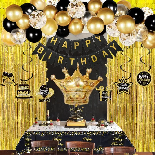 Miniatura 2 de Decoraciones de cumpleaños en negro y dorado para hombres y mujeres, decoraciones de fiesta en negro y dorado incluyen corona, remolinos colgantes