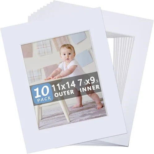 Somime Paquete de 10 tapetes precortados de 11 x 14 pulgadas para fotos de 8 x 10 pulgadas, marco de corte biselado de núcleo blanco mate, sin