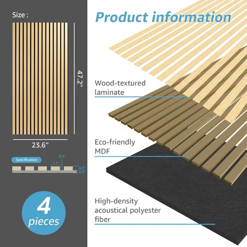 Miniatura 5 de Art3d Paquete de 4 paneles acústicos de listones de madera de 47.2 x 23.6 pulgadas para pared y techo, panel de absorción de sonido acanalado 3D