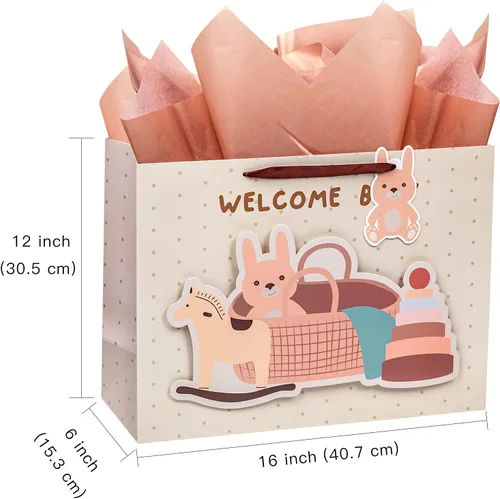 Miniatura 7 de LeZakaa Bolsa de regalo de conejo de 16 pulgadas con papel de seda, etiqueta de regalo y tarjeta, bolsa caqui con conejo en el baño y diseño de Bebé
