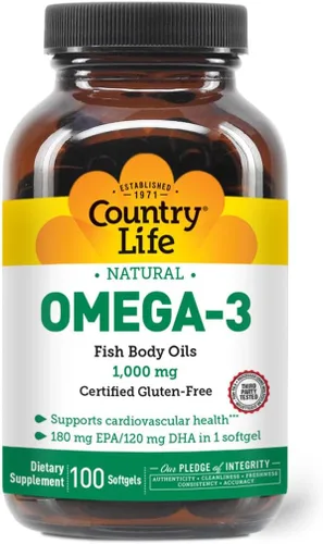 Miniatura 8 de Country Life Suplemento de aceite de pescado omega-3, 1000 mg, 180 mg de EPA y 120 mg de DHA, concentrado de aceite de pescado, sin eructos, 300
