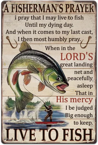 SUPERDANT Letreros de lata de pesca vintage con texto en inglés «Live to Fish» de metal «A Fisherman's Signs», cartel divertido para pared, arte de