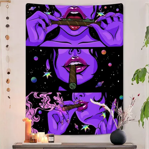 Miniatura 7 de Yeoiat Tapiz de flores cósmicas, tapiz de hongo, paisaje en pared, noche estrellada, arte botánico visionario, decoración para recámara