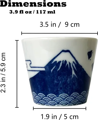 Miniatura 2 de Juego de 2 tazas de sake japonesas - Sakura y Monte Fuji Design, cerámica de color índigo, 3.9 onzas líquidas, para bebidas frías y calientes, taza