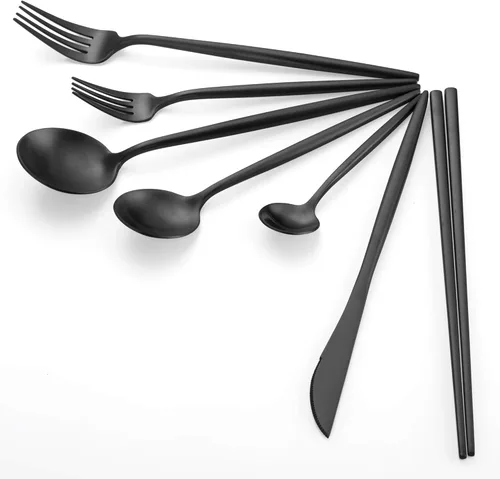 Miniatura 6 de KiiZYs Juego de cubiertos negro mate – Juego de cubiertos modernos de 14 piezas de acero inoxidable – Palillos de metal para cocina, tenedor