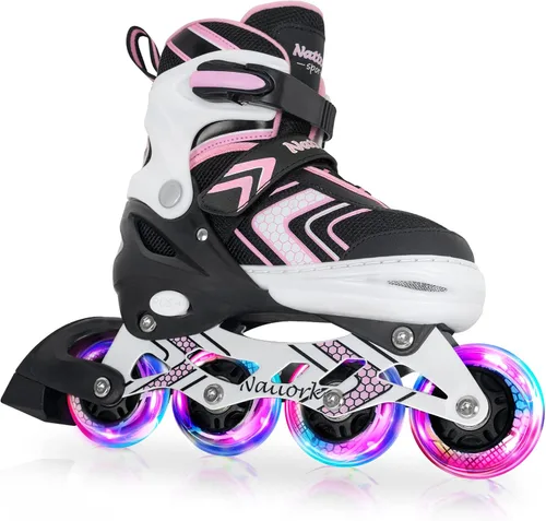 Patines en línea NATTORK para niños, niñas y niños con ruedas completamente iluminadas, patines ajustables seguros y duraderos, patines para Rosa