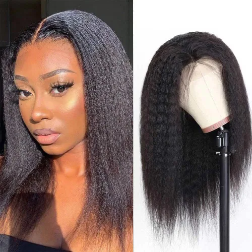 ZIYU Peluca de cabello humano lacio tipo afro sin pegamento para mujer, peluca de encaje frontal de 13 x 4 pulgadas, predepilada con abuelitos y