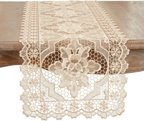 Fennco Styles Elegante camino de mesa de encaje de cuadrifolio de 15 pulgadas de ancho x 66 pulgadas de largo, mantel vintage color crudo para