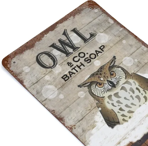 Miniatura 7 de Placa colgante de hierro vintage con diseño de búho y jabón de baño de metal, letrero de lata de metal con texto "Wash Your Hands", estampado
