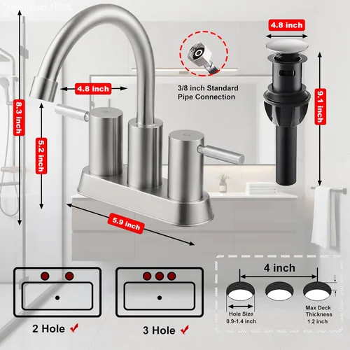 Miniatura 3 de IKEBANA Grifo de baño de níquel cepillado, grifos de lavabo de baño de 2 asas tipo centerset, boquilla giratoria de arco alto de 360°, moderno grifo