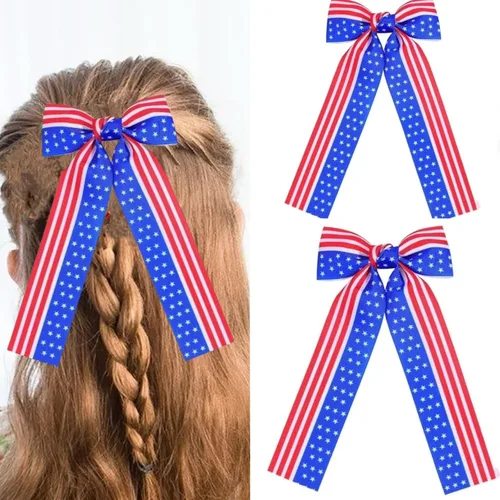 Miniatura 9 de Lazos para el pelo del 4 de julio para niñas pequeñas, adolescentes, niñas, patrióticos, rojo, blanco, azul, estrellas, cinta a rayas, lazo