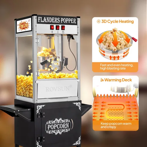 Miniatura 4 de Máquina de palomitas de maíz ROVSUN estilo cine con carrito y ruedas, hervidor de 10 onzas, hace hasta 4 galones, con cuchara para palomitas, Negro