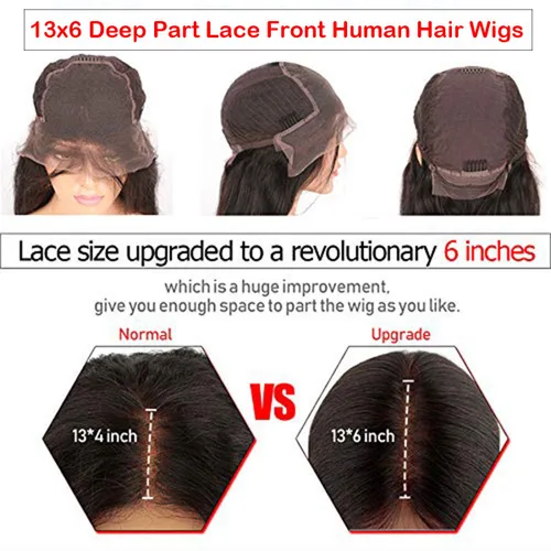 Miniatura 5 de Pelucas de cabello humano Remy brasileño ondulado con encaje frontal de 13 x 6 pulgadas, densidad del 300%, raya profunda de 6 pulgadas