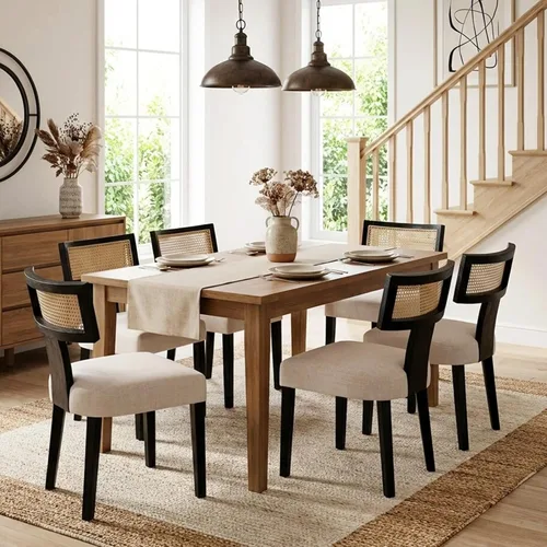 Miniatura 32 de HNY Juego de 6 sillas de comedor de ratán de estilo de mediados de siglo, silla de acento tapizada en lino de estilo granja con respaldo curvo