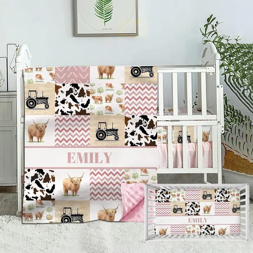 Miniatura 10 de Juego de cama personalizado para bebé, edredón para cuna con nombre personalizado y sábana bajera para niños y niñas, color verde vaca de tierra