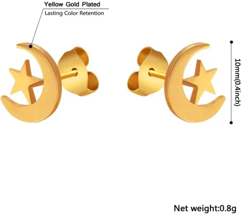 Miniatura 5 de Pendientes de tuerca con estrella de luna crecienteAnkh, aretes de acero inoxidable chapados en oro de 18 quilates, joyería para mujer
