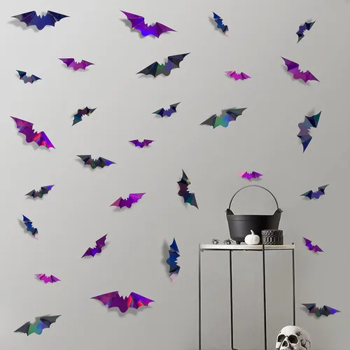 Miniatura 3 de 72 piezas de murciélagos para decoración de Halloween, murciélagos iridiscentes 3D, decoración de pared, papel holográfico negro y morado