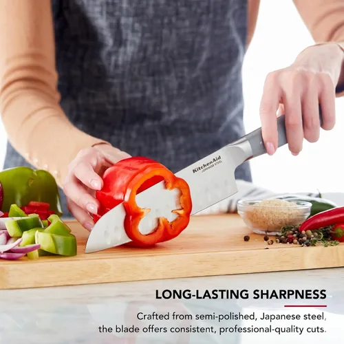 Miniatura 3 de KitchenAid Cuchillo Santoku forjado gourmet con cubierta de hoja de ajuste personalizado, cuchillo de cocina afilado, hoja de acero inoxidable Gris