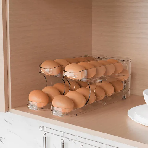 Miniatura 7 de Sotfamily Soporte para huevos para refrigerador, organizador de almacenamiento de huevos con ruedas automáticas para refrigerador, recipiente