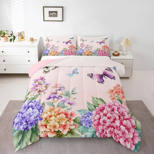 Juego de edredón de mariposa morada tamaño individual para niñas y niños, ropa de cama rosa degradado, relleno de edredón de mariposa de ensueño,