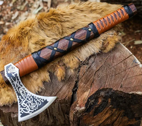 Miniatura 14 de SHINY CRAFTS® Hacha vikinga hecha a mano, hoja nórdica grabada con mango de madera, hacha nórdica barbuda para hombres, regalo único para él, VBA-14