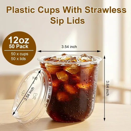 Miniatura 3 de Paquete de 50 vasos de plástico transparente de 12 onzas con tapas para sorber, tazas de café helado desechables gruesas para llevar bebidas frías