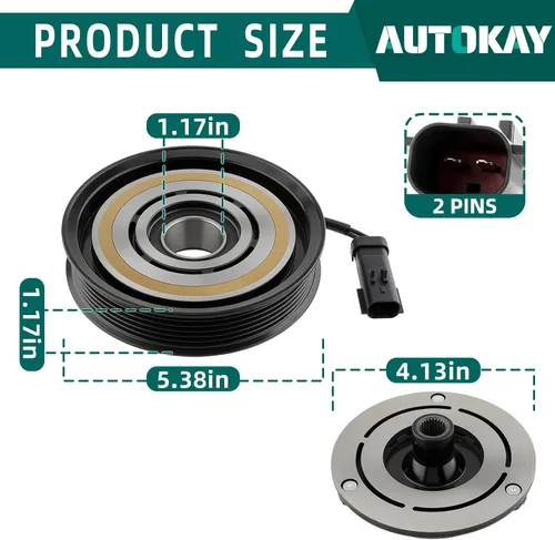 Miniatura 2 de AUTOKAY Kit de ensamblaje de embrague del compresor de CA compatible con Dodge Dakota 6 CYL 3.7L 8 CYL 4.7L 2004-2007 10S17C 55056435AB