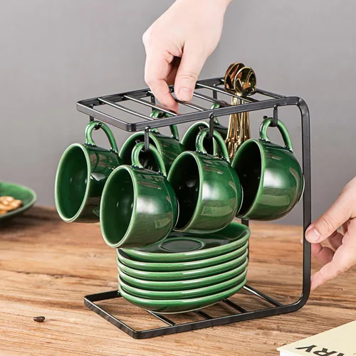 Miniatura 5 de vicrays Tazas de café espresso de cerámica, juego de tazas de café expreso de porcelana de 4 onzas con platillos cucharas y soporte de metal