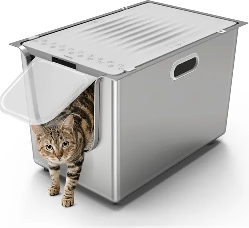 Caja de arena de acero inoxidable con tapa, caja de arena para gatos con puerta, lados altos de 14.5 pulgadas, bandeja de arena de metal XL para