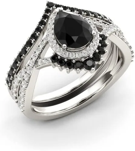 Miniatura 5 de Anillo de compromiso de ónix negro en forma de pera, halo de oro rosa, único juego de anillos de compromiso de piedra negra para mujer, anillo