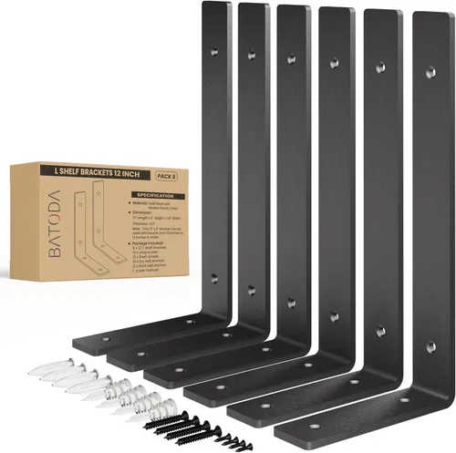 Miniatura 8 de BATODA Paquete de 6 soportes de estante resistentes de 8 pulgadas de largo - Soportes de estante en L negros - Soportes de gancho para estantes