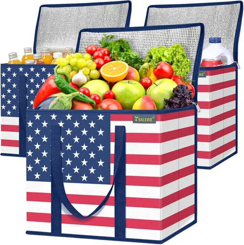 Miniatura 27 de BALEINE Paquete de 3 bolsas reutilizables para comestibles, bolsas de compras plegables para comestibles con parte inferior reforzada y asas
