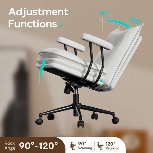 Miniatura 7 de Silla de oficina blanca con asiento ancho grueso de triple capa, silla de escritorio de cuero con respaldo medio con ruedas y brazos, silla de Blanco