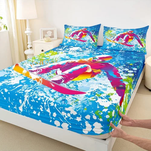Juego de ropa de cama de esquí, tamaño individual, con dibujos animados, esquí, esquí, snowboard, sábana bajera ajustable de 2 piezas con estampado