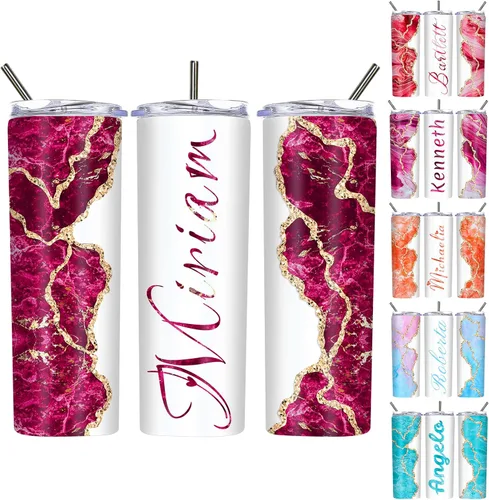 Miniatura 16 de Vasos delgados personalizados con tapas y pajitas de 20 onzas, diseño de mármol personalizado, vasos de acero inoxidable delgados con nombre