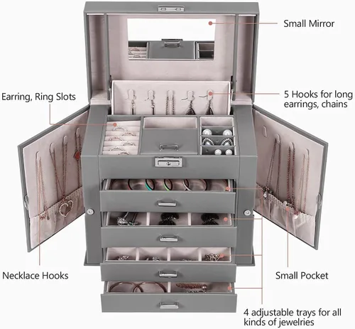 Miniatura 6 de BEWISHOME Joyero organizador de caja de joyería con cajones caja organizadora de collares regalo ideal para mujeres y niñas con espejo de cerradura