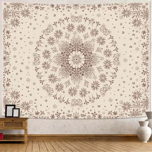 Miniatura 14 de Fowocu Tapiz bohemio con mandala floral para colgar en la pared, medallón de flores bohemias, tapiz estético, beige, naranja, hippie, indio, pequeño
