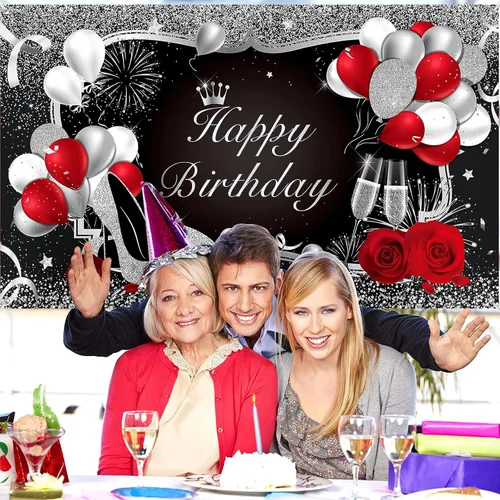 Miniatura 3 de Irenare Cartel de feliz cumpleaños rojo telón de fondo rojo decoración para mujeres y hombres, pancarta negra para suministros de fiesta, globos