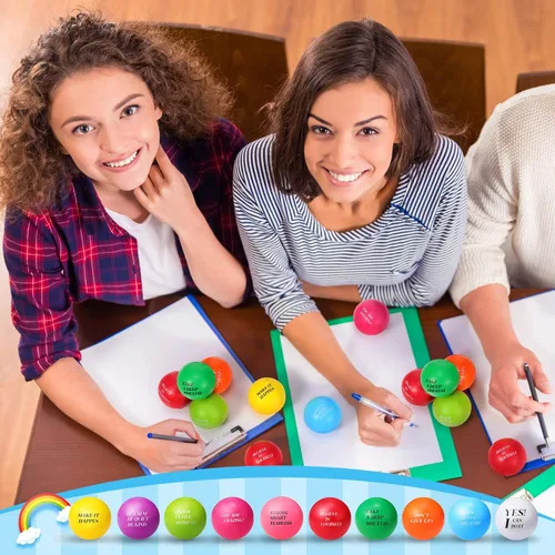 Miniatura 7 de Sotiff 100 bolas de estrés a granel para adultos, espuma colorida para aliviar el estrés, juguetes de regalo con citas motivacionales, bolas