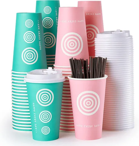 Miniatura 9 de JollyPack Paquete de 100 tazas de papel para café de 12 onzas con tapas y agitadores en rosa y verde. Ideal para café, jugo, té, uso doméstico