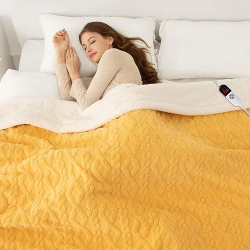 Miniatura 9 de Manta eléctrica tamaño individual 62"X84" amarilla - Manta cálida y gruesa de sherpa con calefacción para invierno con 5 niveles de calentamiento