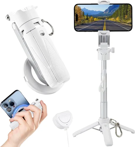 Miniatura 10 de MQOUNY para soporte trípode Magsafe para iPhone, palo selfie portátil de bolsillo con control remoto recargable y anillo de metal, trípode