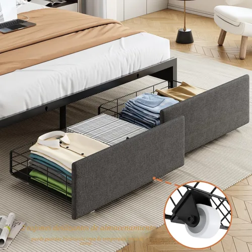 Miniatura 4 de Base de cama tamaño queen con cabecera de almacenamiento y 2 cajones, base de cama tapizada con luces LED y práctica estación de carga, no necesita