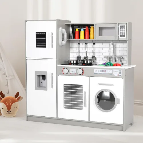 Miniatura 8 de Arlopu Juego de cocina para niños, juego de juguetes de madera con diseño realista, sonidos de luces, ollas y utensilios para niños y niñas a partir
