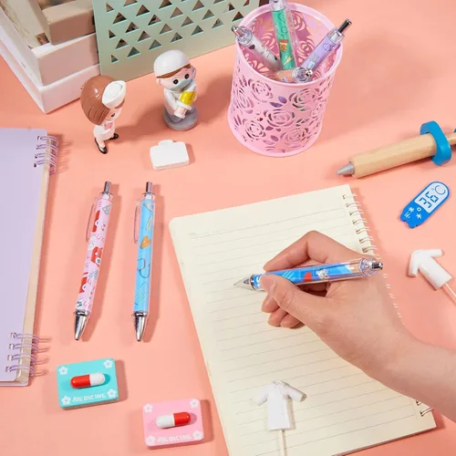 Miniatura 6 de Divertidos bolígrafos de enfermera, encantadores bolígrafos de punta de bola de dibujos animados, tinta negra, retráctil, de presión, bolígrafo