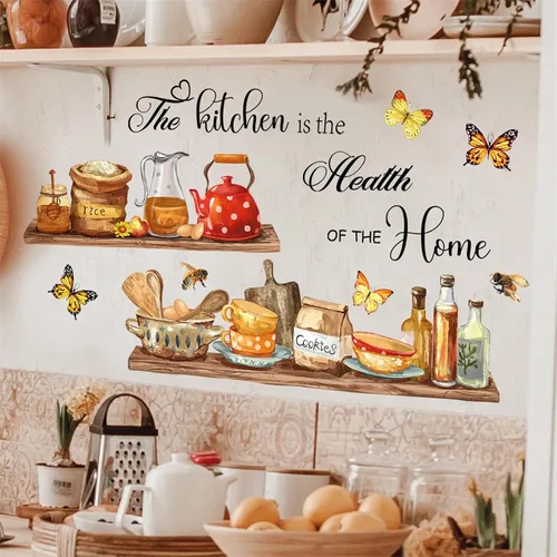 Adhesivos de pared para estante de utensilios de cocina, sacinora The Kitchen is the Heart of Home, calcomanía de pared de abeja de mariposa, vinilo