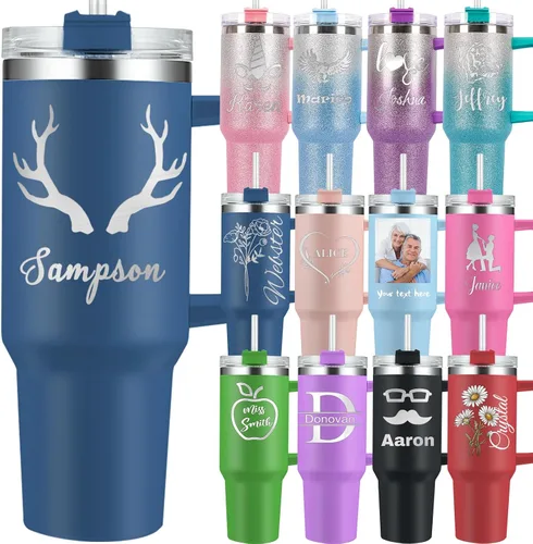 Vaso personalizado con asa de 40 onzas con nombre grabado personalizado con tapa y pajita, taza de café de acero inoxidable aislada personalizada,