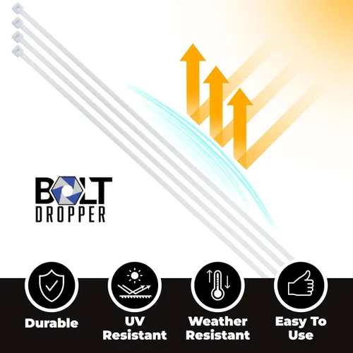 Miniatura 4 de Bolt Dropper Bridas blancas de 12 pulgadas, paquete de 100 bridas reutilizables y resistentes, nailon autoblocante duradero con resistencia a